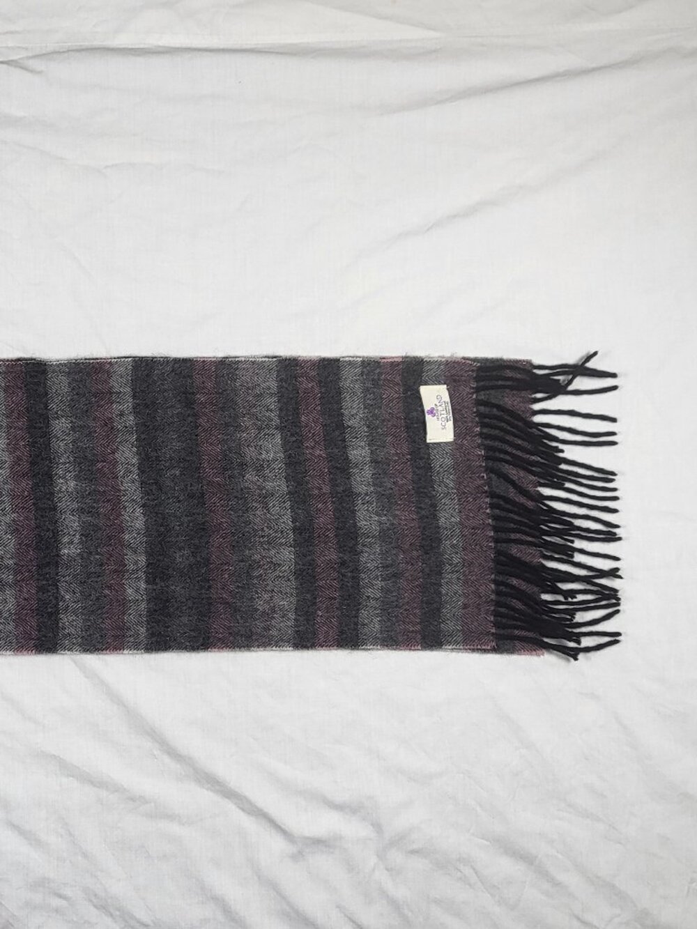 House of Scotland Scarf Gray Purple Stripe Fringe Lambs Wool Light Academia Twee